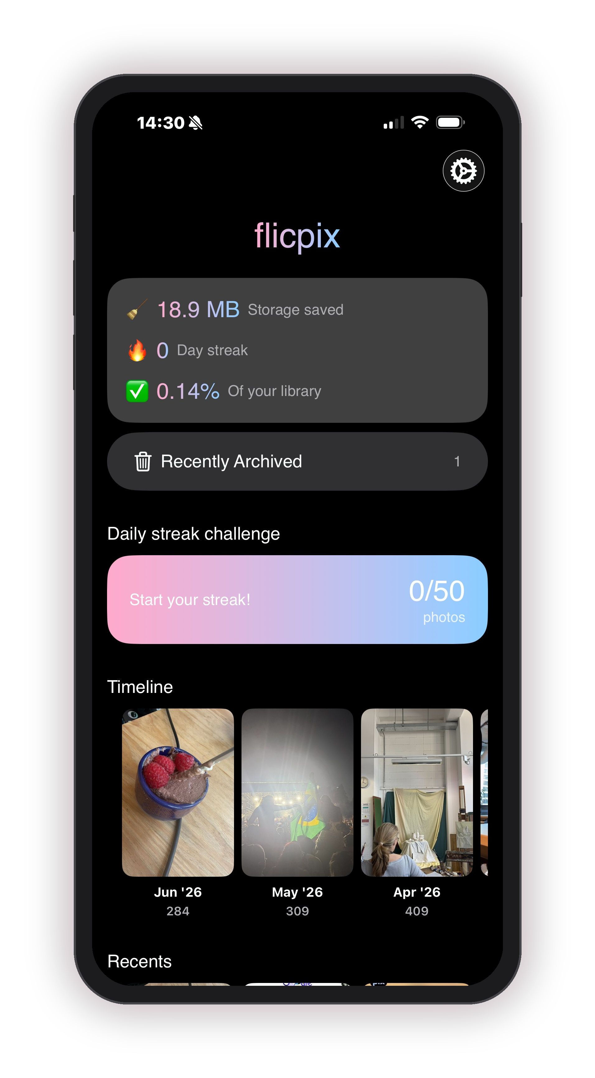flicpix app home screen showing storage saved, streak, and timeline