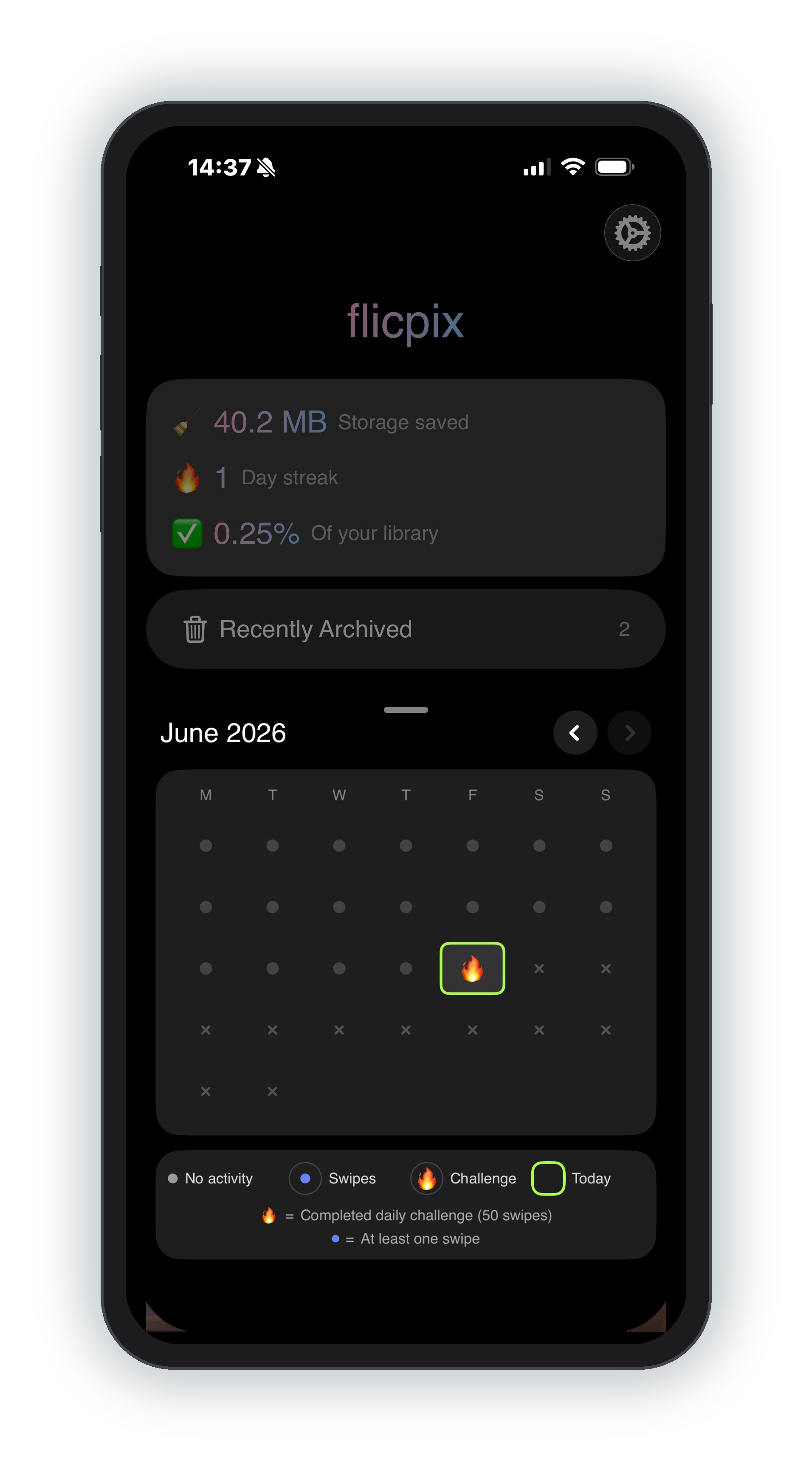 Streak calendar tracking daily progress in flicpix